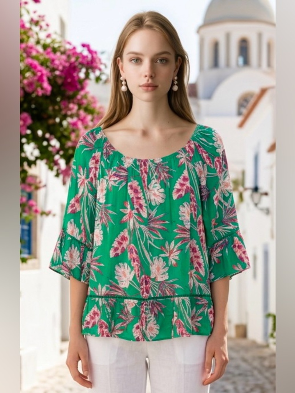 2 for $20 Tops Ladies Fever Relaxed Tunic Floral Print Green Pink SZ L EUC